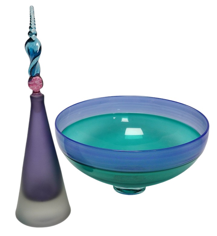 Bob Crooks (b.1956), a studio glass bowl and scent bottle, 27cm. Condition - good, scratches to bases, as expected